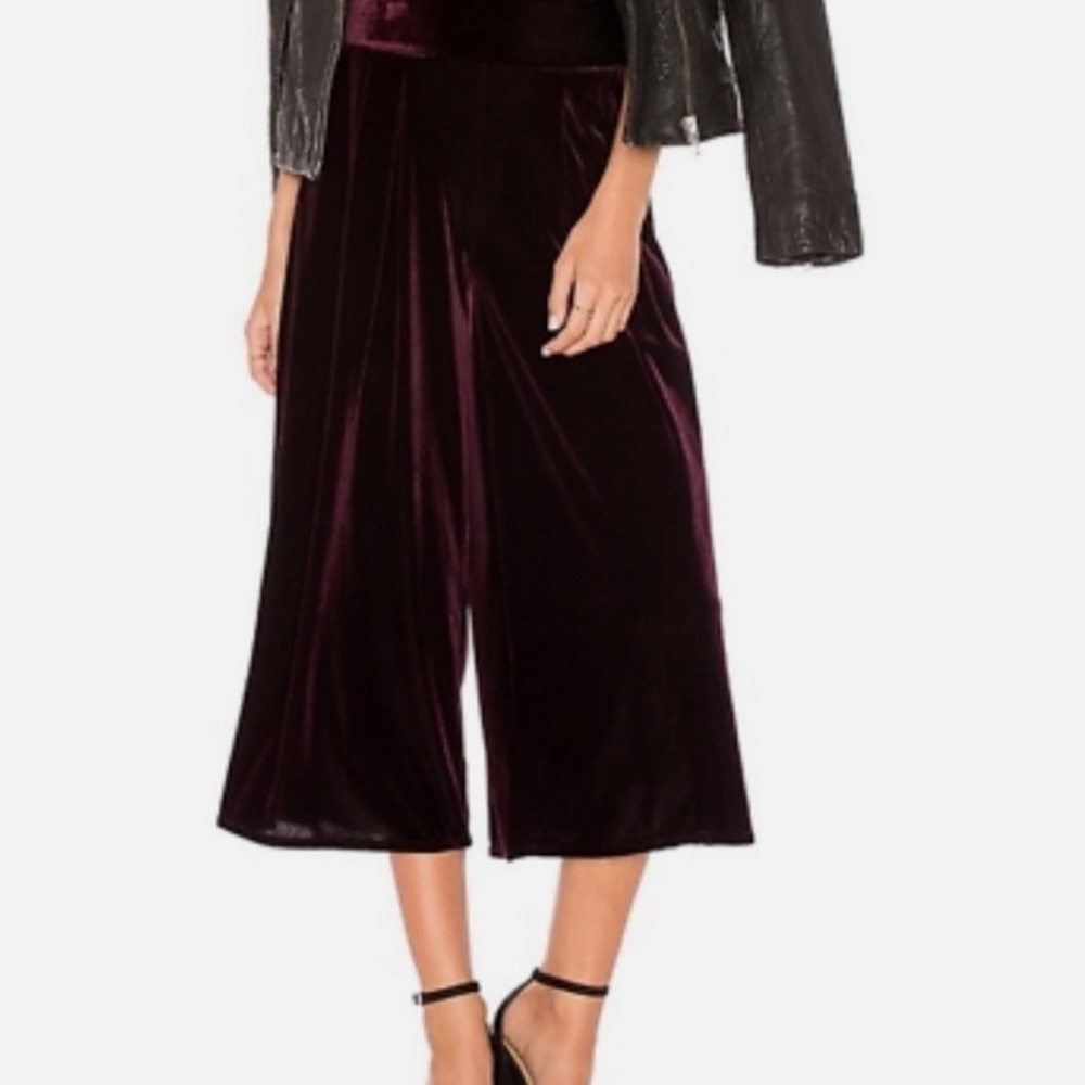 MISA Los Angeles Plum Velvet Wide Leg Culotte Pants XS Purple Pleated Cropped